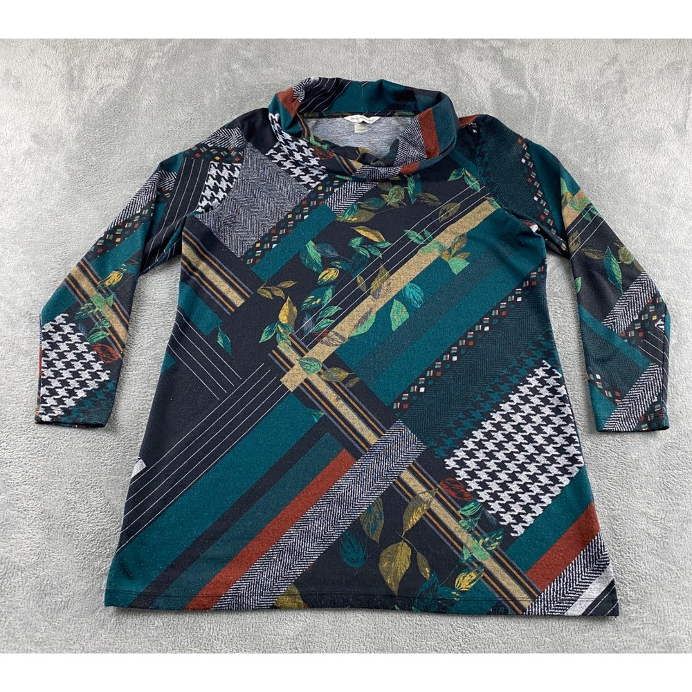 Christopher & Banks Womens XL Cowl Neck Mixed Print Tunic Teal Rust Houndstooth